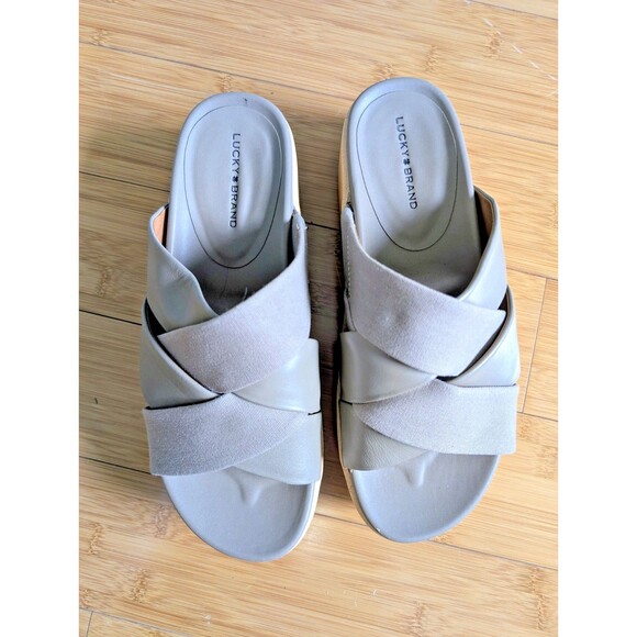 Lucky Brand Womens Sz 9 Platform Wedge Leather Woven Sandals Dikona Beige Taupe - Picture 2 of 8